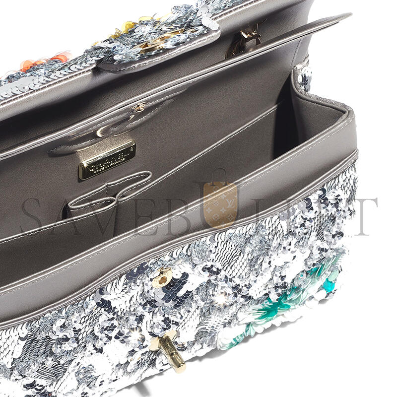 Ch*el classic 11.12 handbag embroidered satin, sequins, glass pearls a01112 (25.5*15.5*6.5cm)